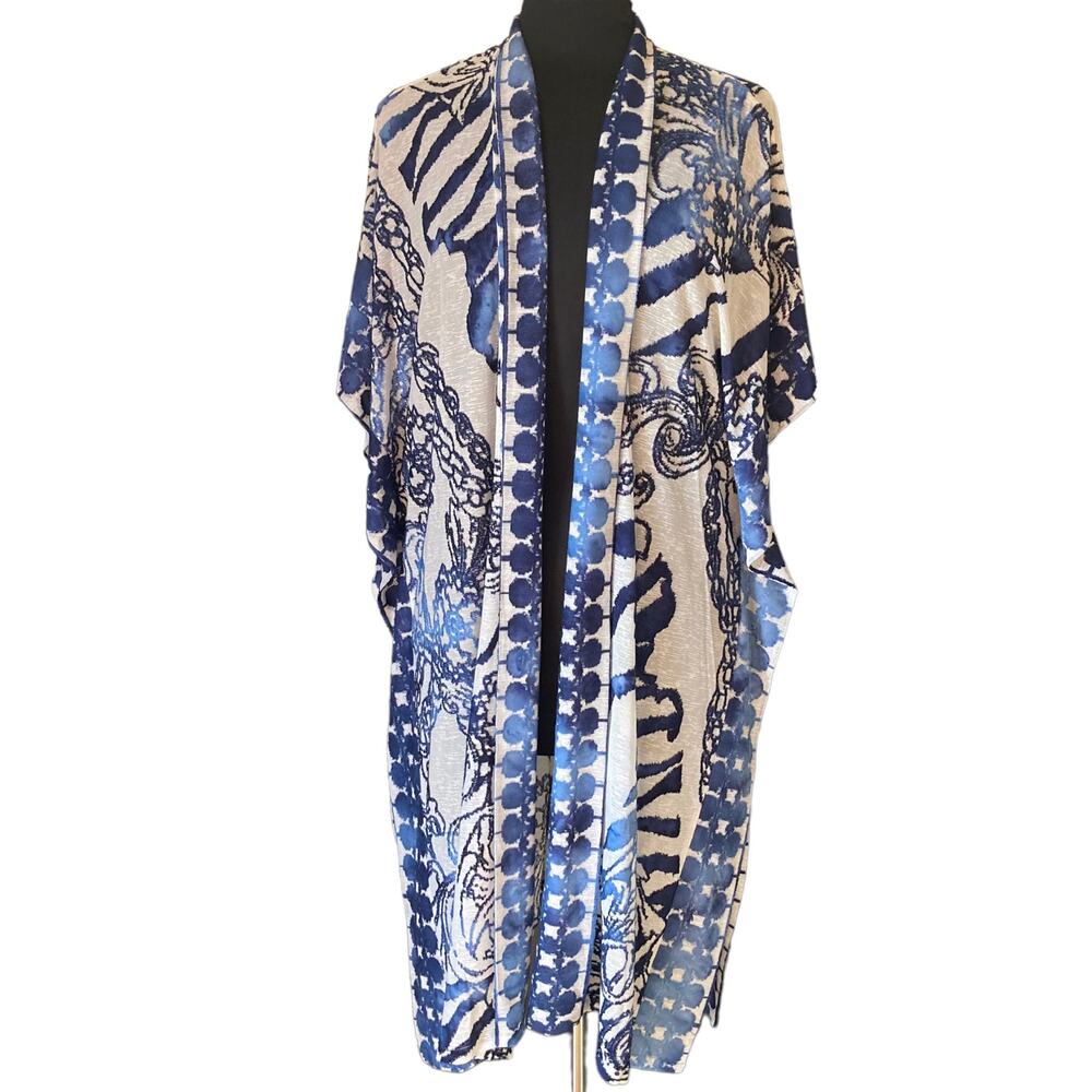 Chico's Knit Filigree Burnout Blue&White Duster Ruana/Cardigan/Wrap Size S/M NWT